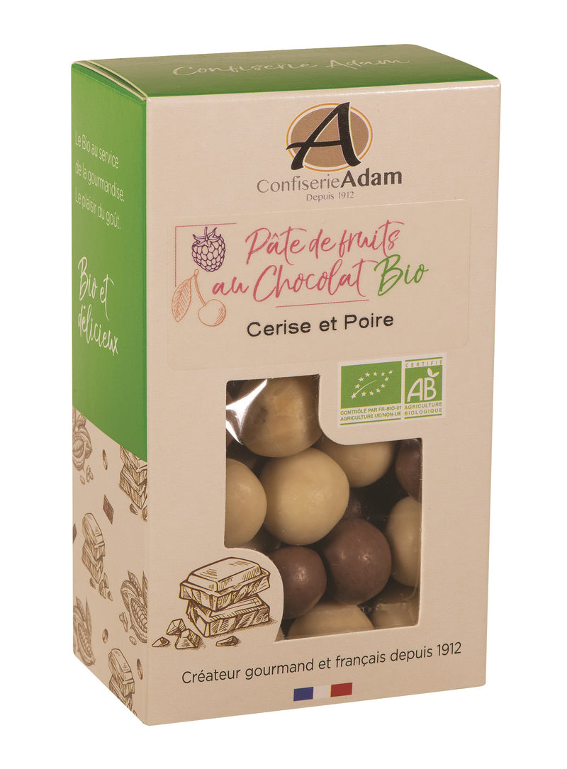 Organic Cherry white chocolate and milk chocolate pear 150g