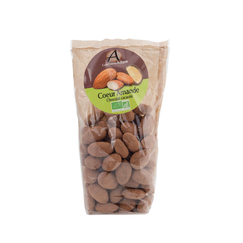 Organic Roasted almonds coated in dark chocolate and dusted with cocoa powder - Sachet